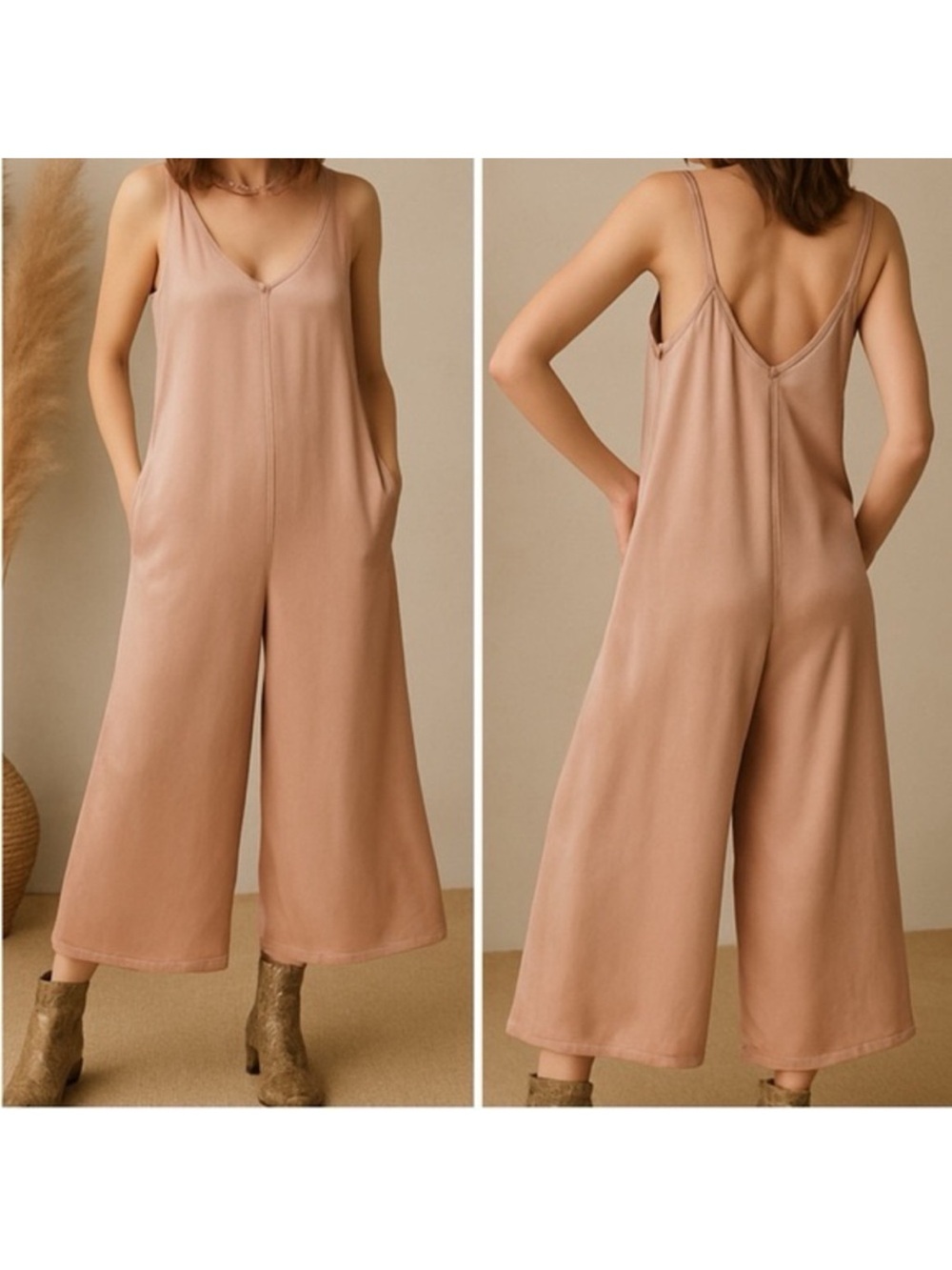 LACAUSA Santi Jumpsuit Romper Dusty Rose Satin Wide Leg Size XS - Picture 7 of 14